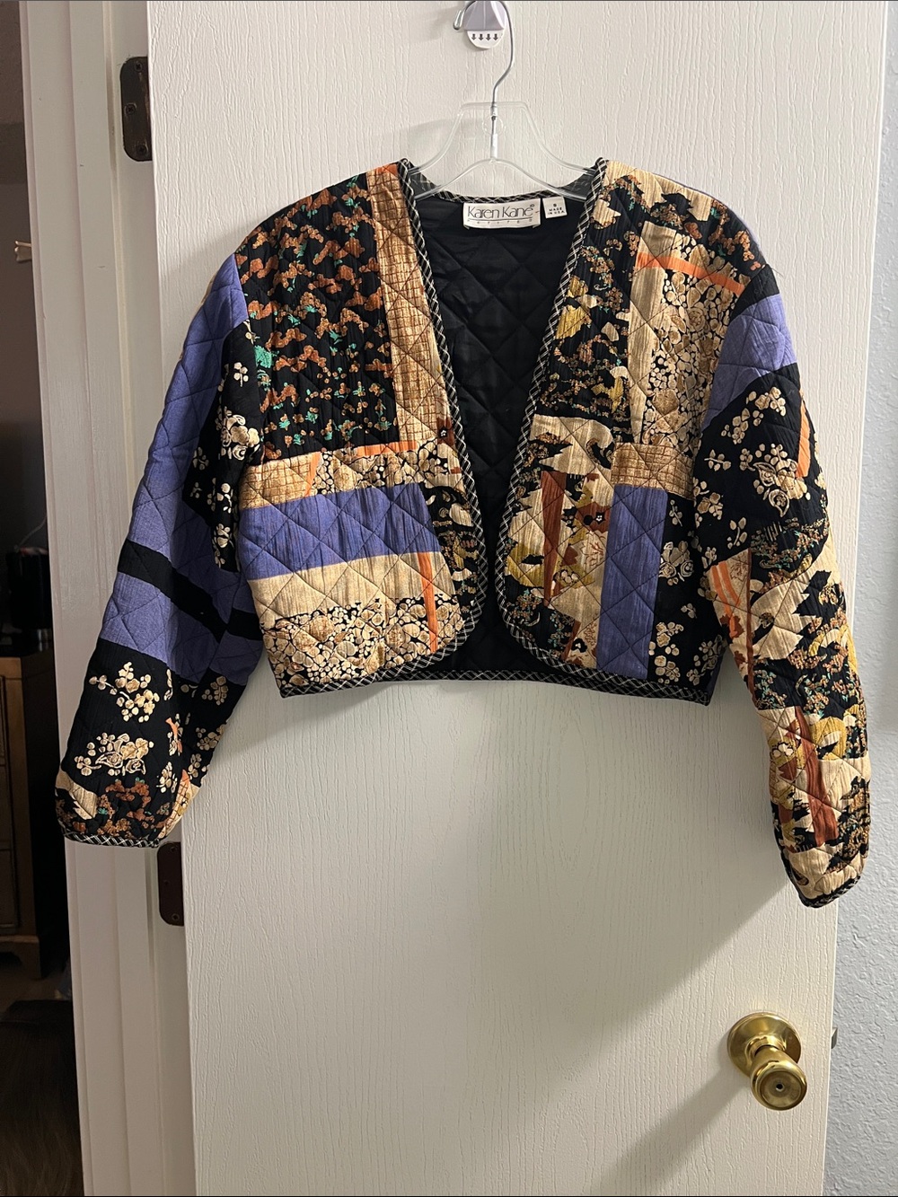 Karen Kane Quilted Patchwork Crop Jacket in Black, Purple, Cream, Tan